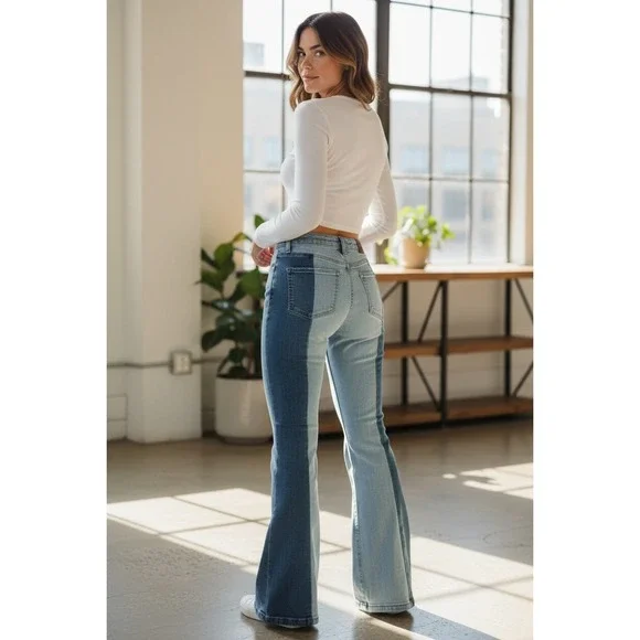 Retro Patch Two Tone Colorblock Flare Jeans Womens 11 High Rise Blue Denim Y2K - Picture 2 of 8